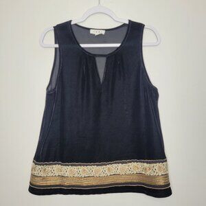 THML black gold tan crochet embroidered dark boho witchy velvet top size large